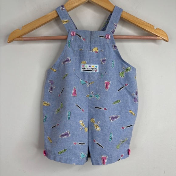 Vintage 90s Rare Carters Overalls Baby Girls 12M Artist Romper Paint Crayons - Picture 11 of 11